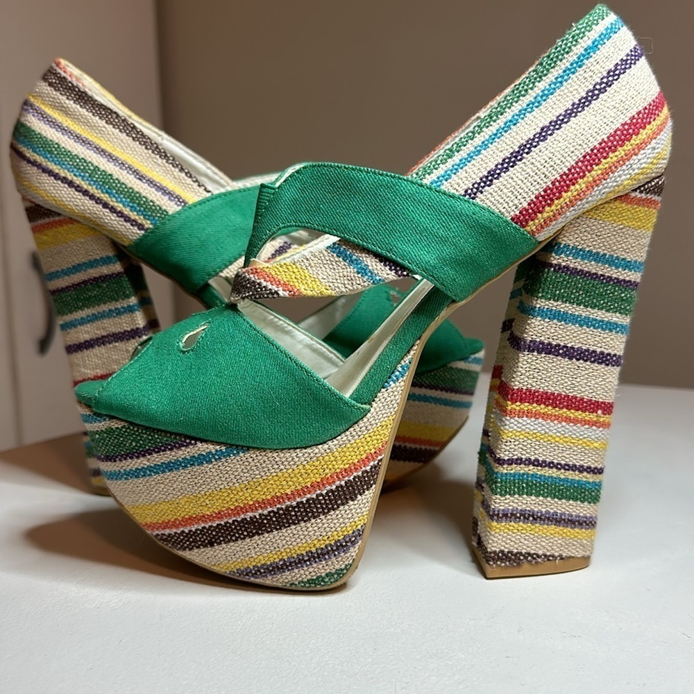 🔥Women's Fahrenheit green denim block color open toe stiletto heels size 7 - Picture 5 of 14